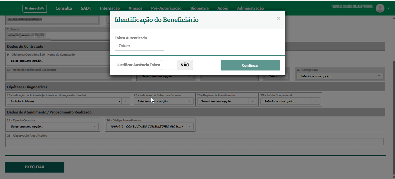 Exemplo de tela solicitando TOKEN